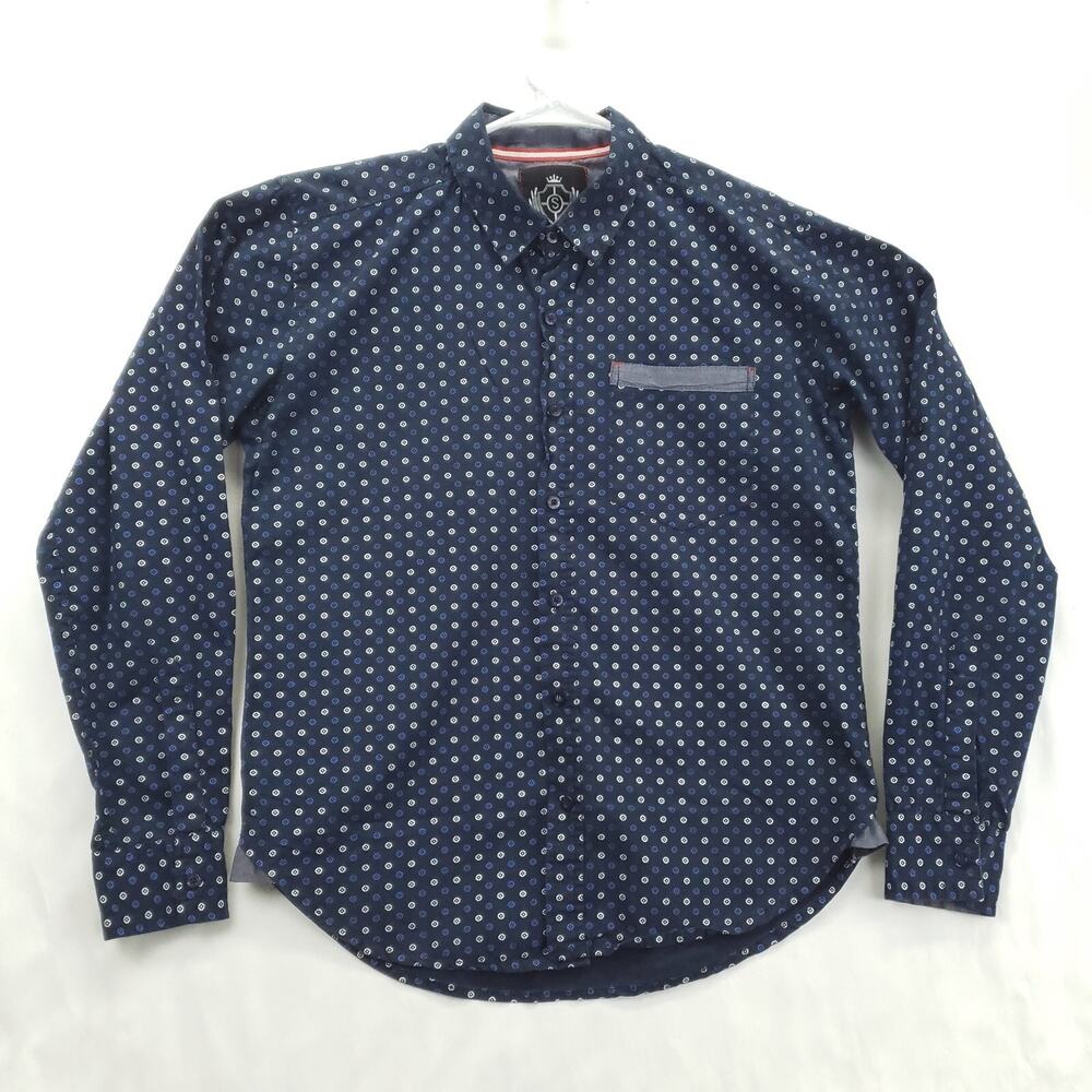 Silver Stone Shirt Mens Medium Blue Geometric Long Sleeve Classic Button-Up
